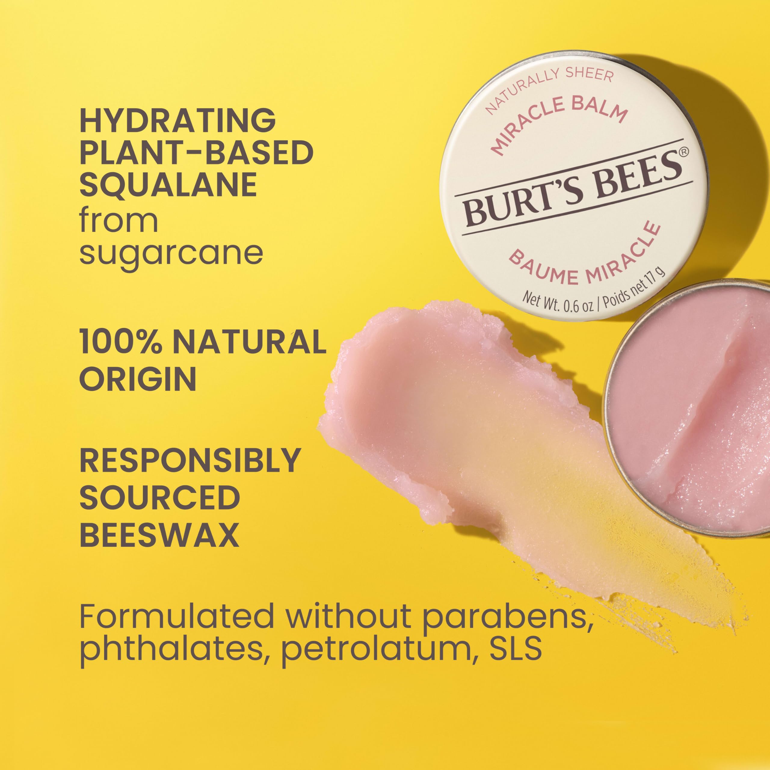 Burt's Bees Miracle Balm appliqué sur les lèvres, hydratation légère et gloss discret.
