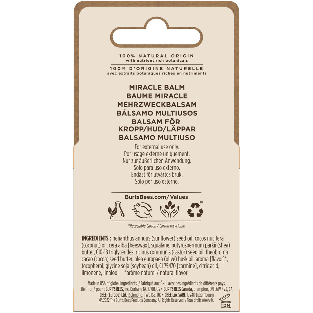 Utilisation quotidienne avec Burt's Bees Miracle Balm, polyvalence pratique.