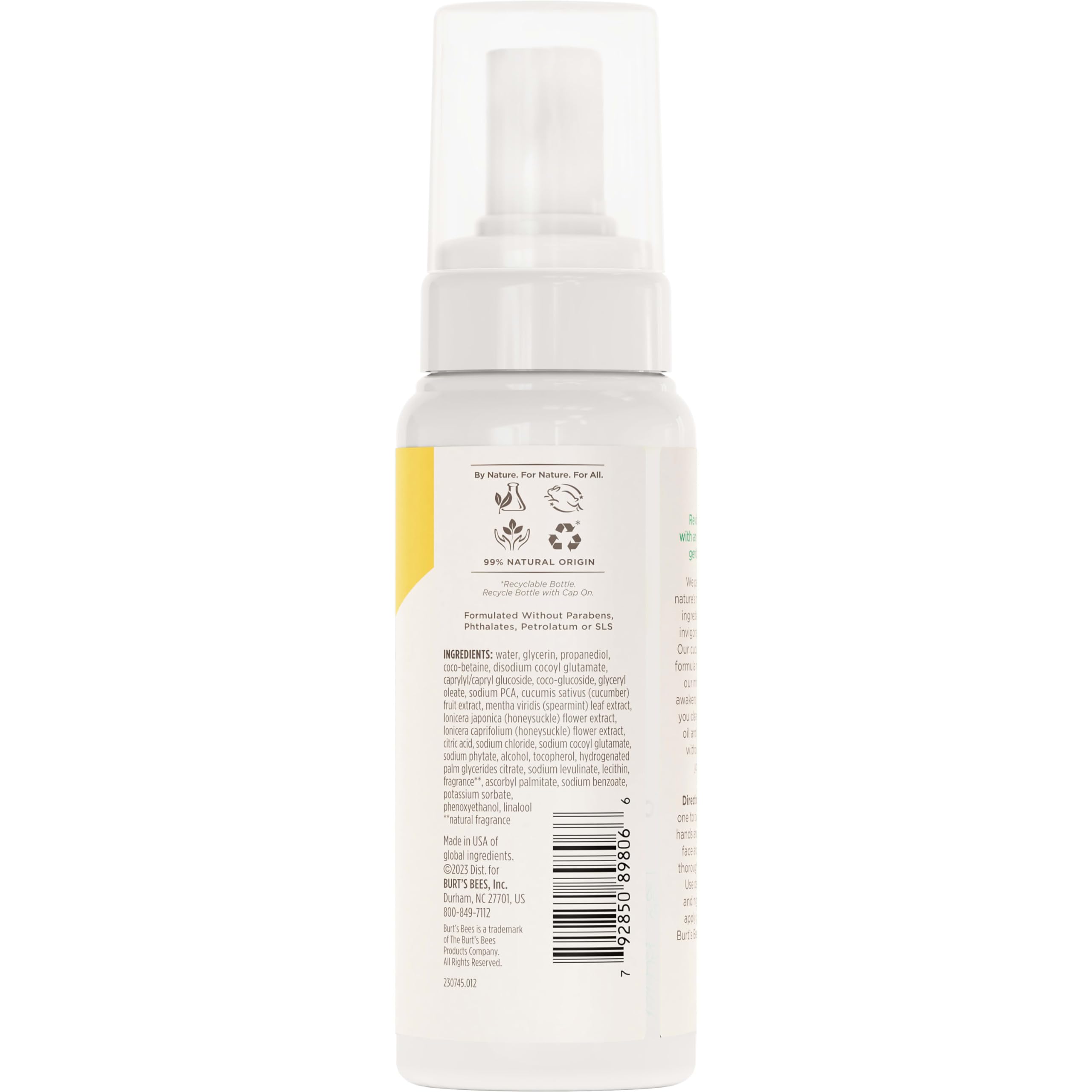 Burt's Bees Nettoyant Mousse Visage Concombre Menthe – usage quotidien sans résidu gras.