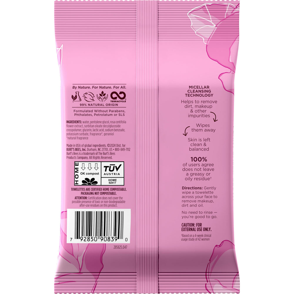 Pack lingettes Burt’s Bees eau-rose micellaire, pratique en voyage.