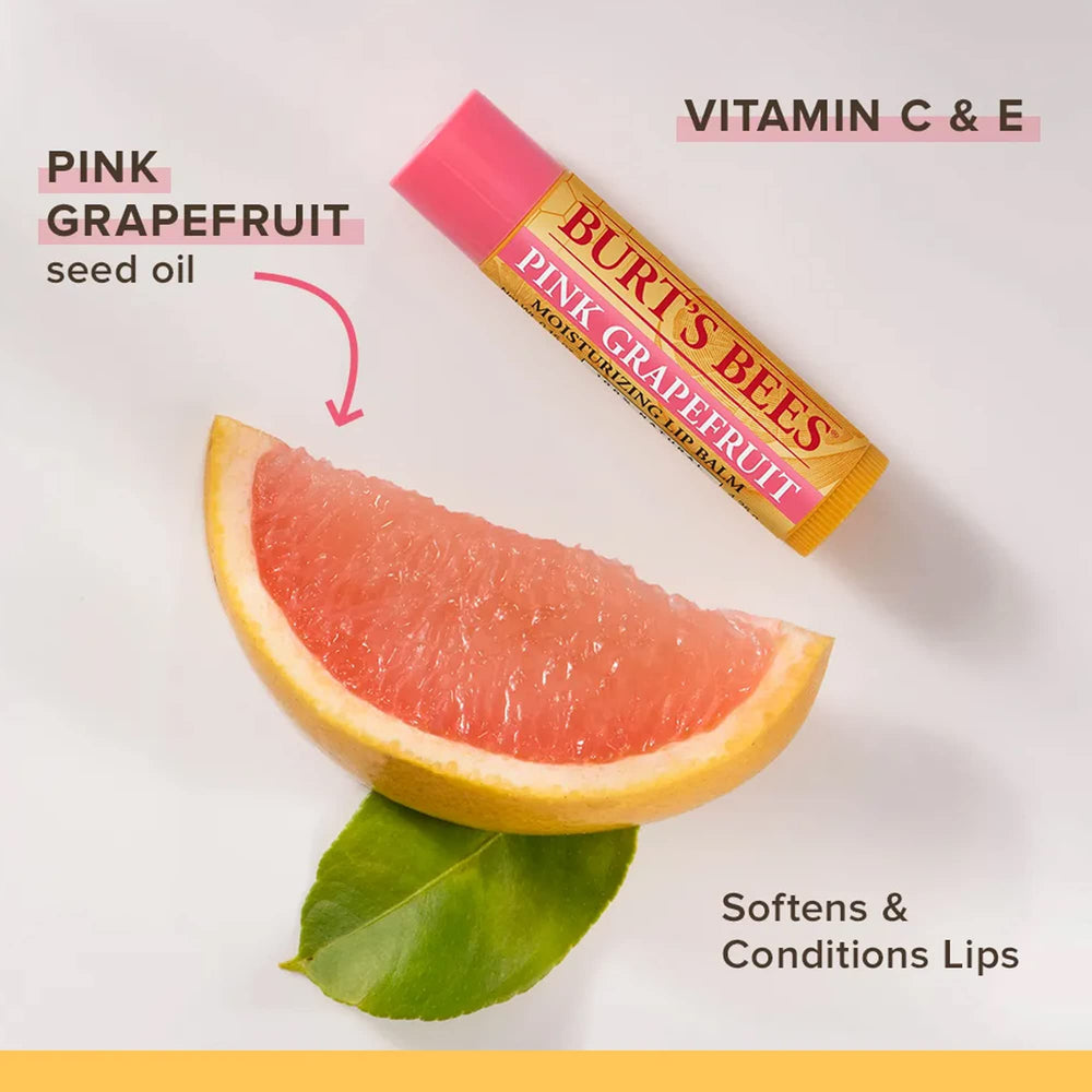 Burt's Bees Pink Grapefruit lip balm in-use shot showing hydrated lips.