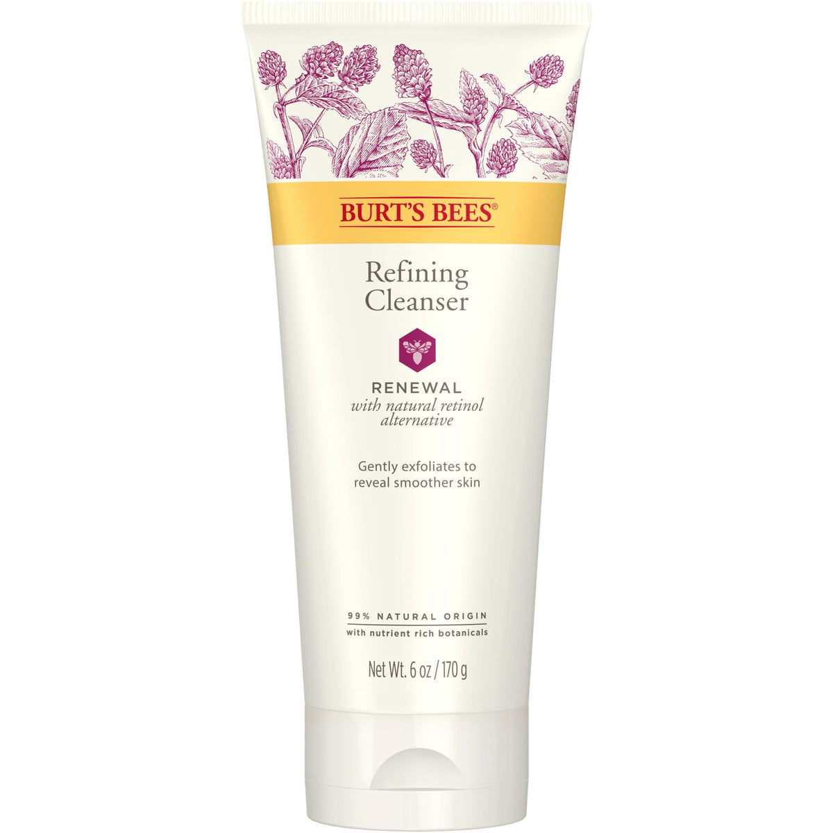 Nettoyant Burt's Bees Renewal: bouteille visible et peau nette après nettoyage en profondeur.