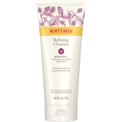 Nettoyant Burt's Bees Renewal: bouteille visible et peau nette après nettoyage en profondeur.