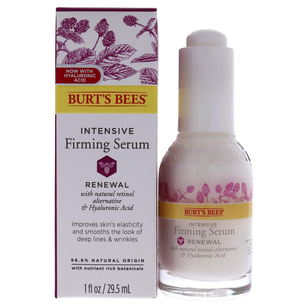Sérum Burt's Bees Renewal dans sa bouteille, hydratation et fermeté visibles.