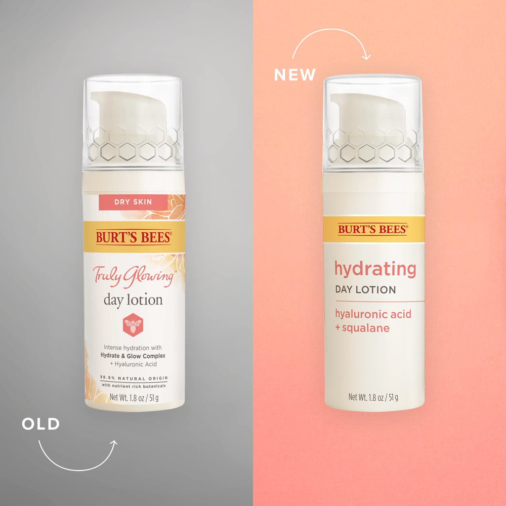 Burts Bees Lotion de Jour Éclatante – étiquette claire indiquant hydratation efficace.