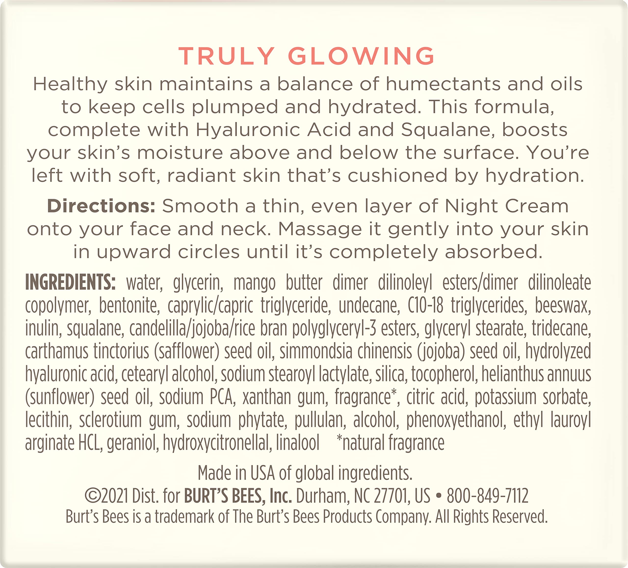 Hydratation en profondeur avec Burt's Bees Truly Glowing Night Cream.