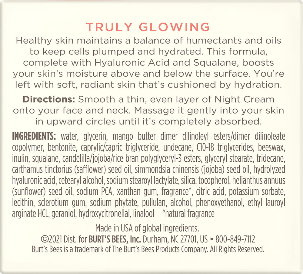Hydratation en profondeur avec Burt's Bees Truly Glowing Night Cream.