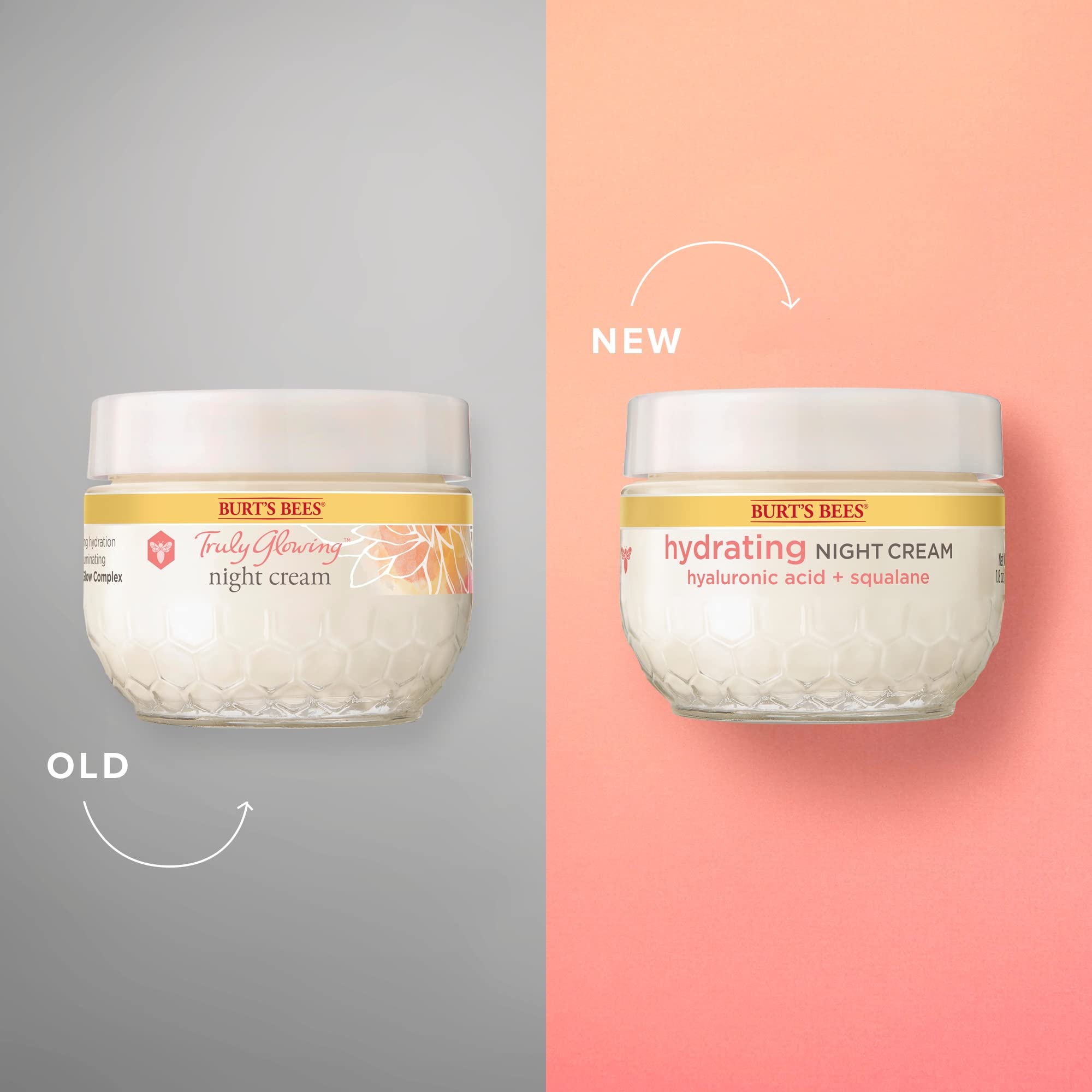 Étiquette blanche Burt's Bees Truly Glowing Night Cream visible sur le flacon.