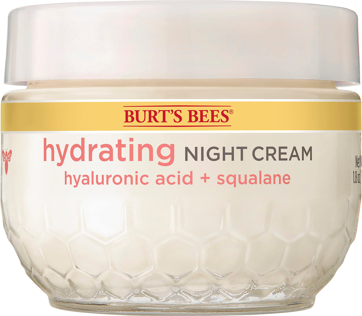 Burt's Bees Truly Glowing Night Cream dans son pot blanc: hydratation nocturne nourrissante.