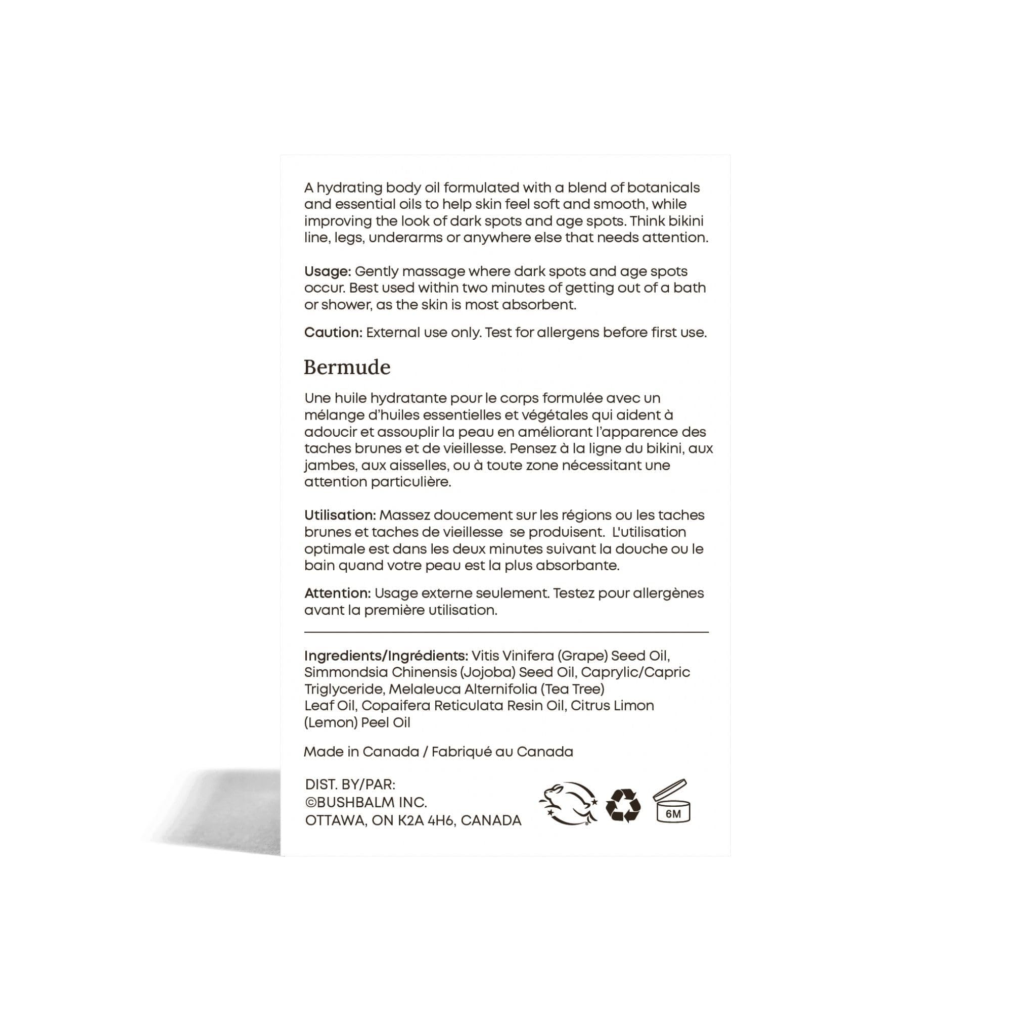 Bushbalm Bermuda Oil, peut aider à estomper visuellement les taches et irritations.