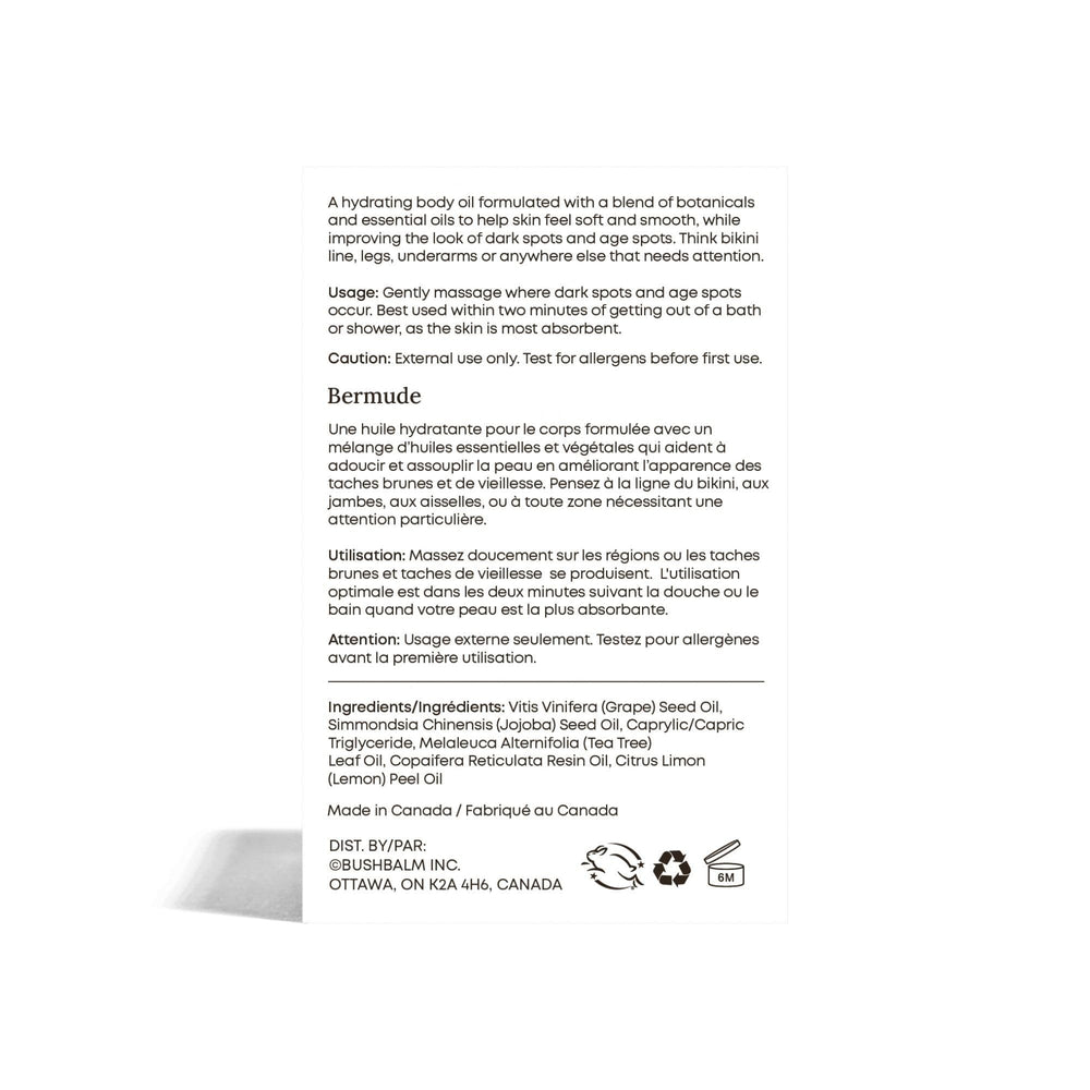 Bushbalm Bermuda Oil, peut aider à estomper visuellement les taches et irritations.
