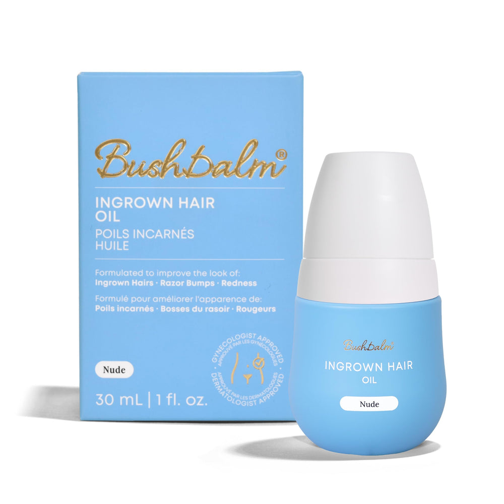 Bushbalm Nude Oil : flacon soulage les poils incarnes et irritations.