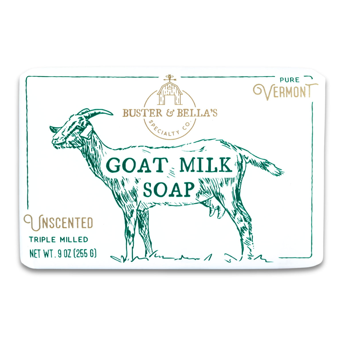 Savon Buster & Bella's au lait de chèvre, triple-moulage pour une longue durée.