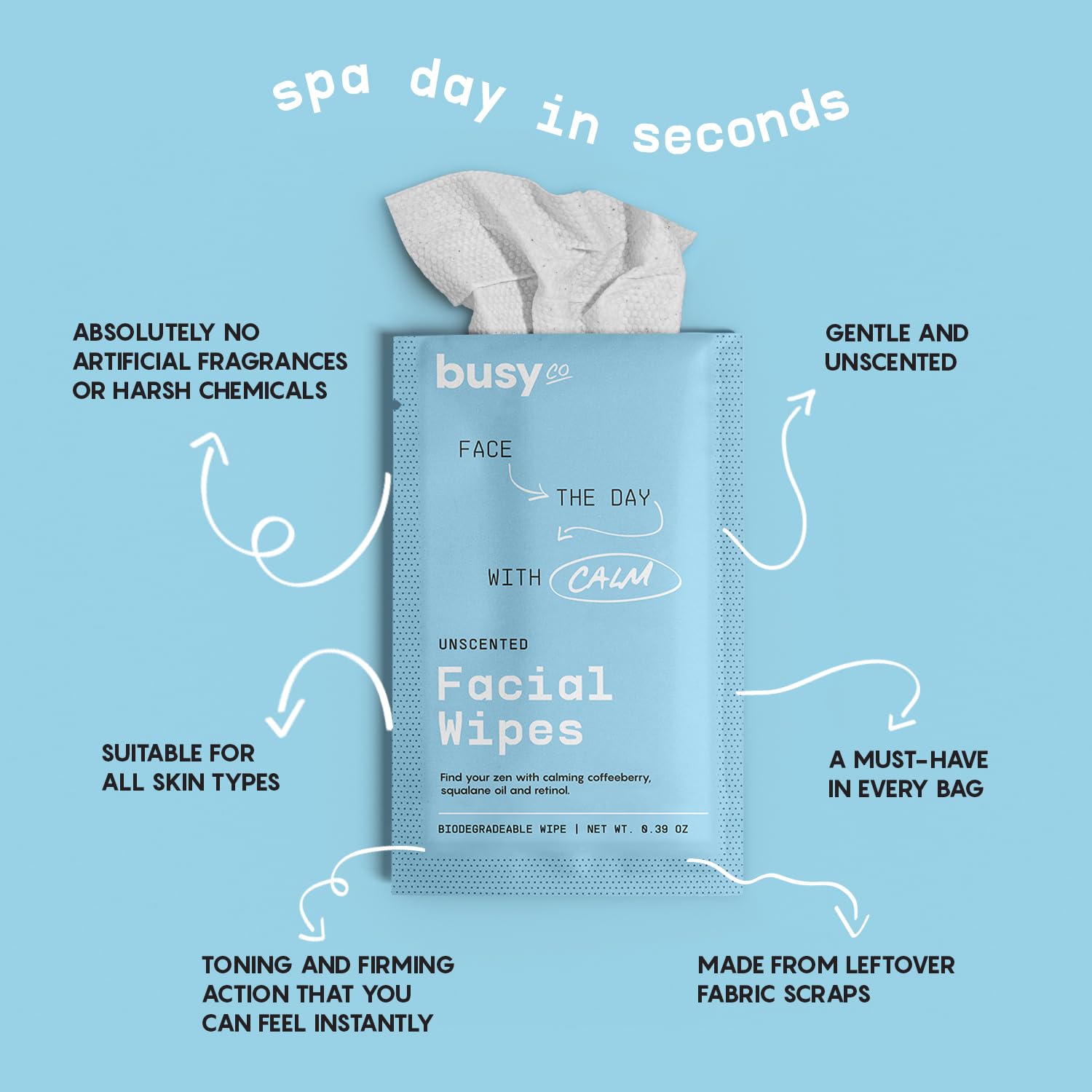 BUSYCO Calm Line wipe with retinol, squalane, and coffeeberry for gentle pampering.