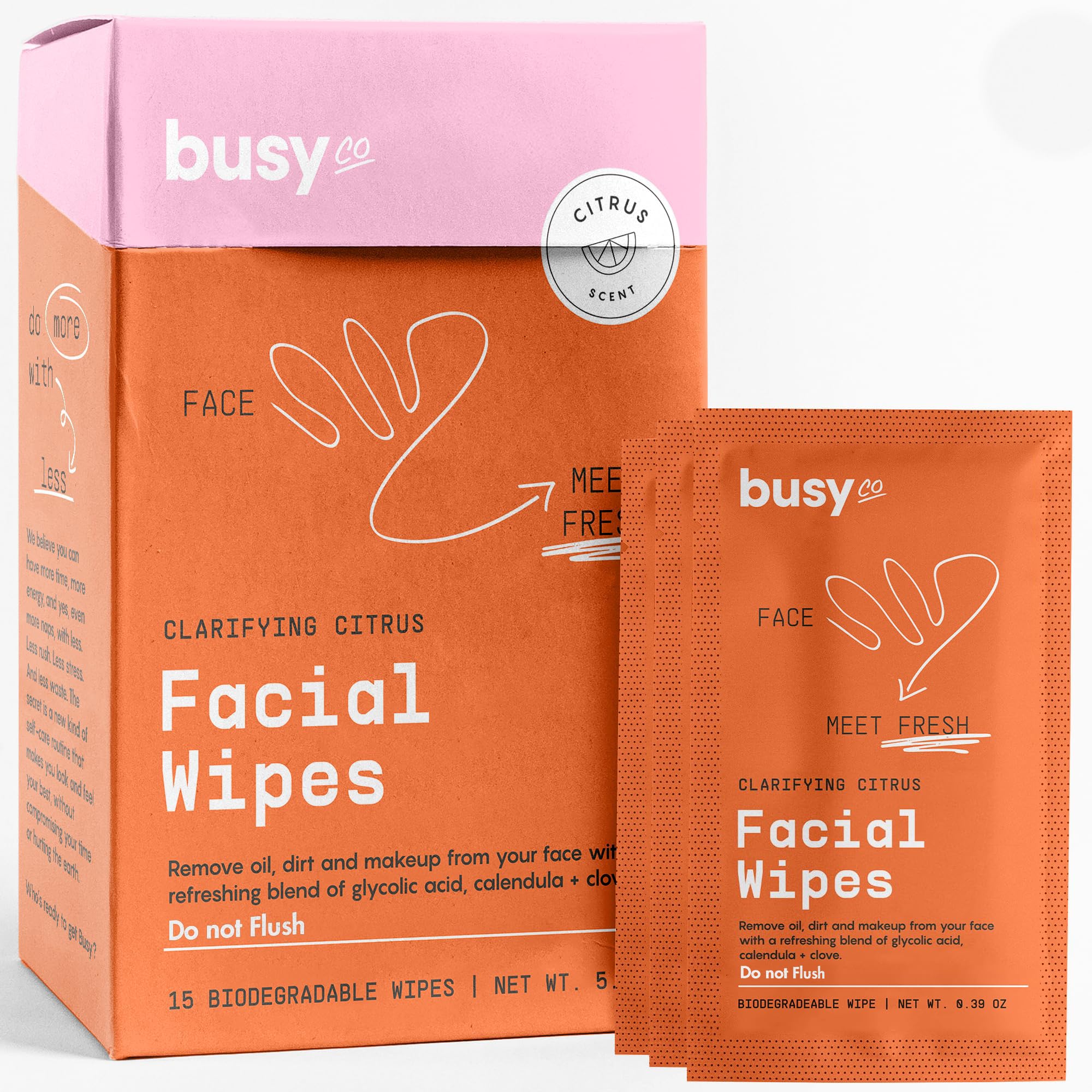 BusyCo Refresh Lingettes visage emballage individuel, pratique pour voyager.