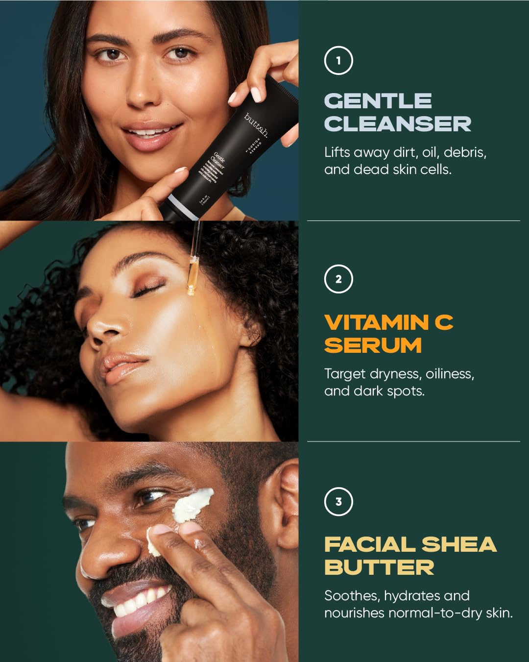 Rituel de soins adapté aux peaux foncées Buttah Dorion Renaud, simple et efficace.