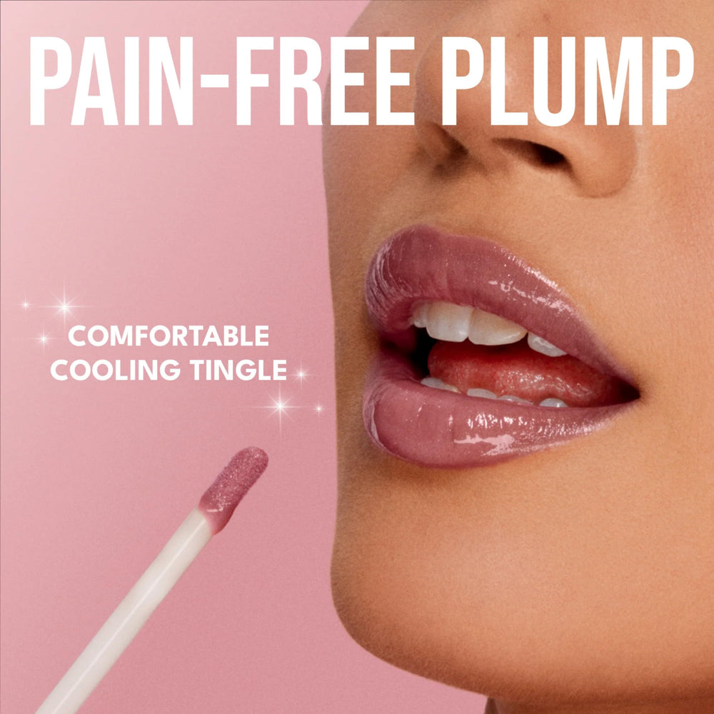 Gloss Buxom framboise-rose-or-dore, hydratation durable grâce à des vitamines.