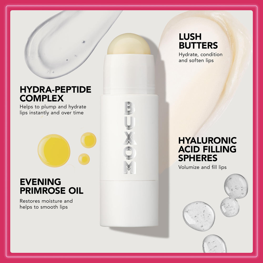 Buxom Power-Full Lip Balm, fini clair offrant une brillance subtile.