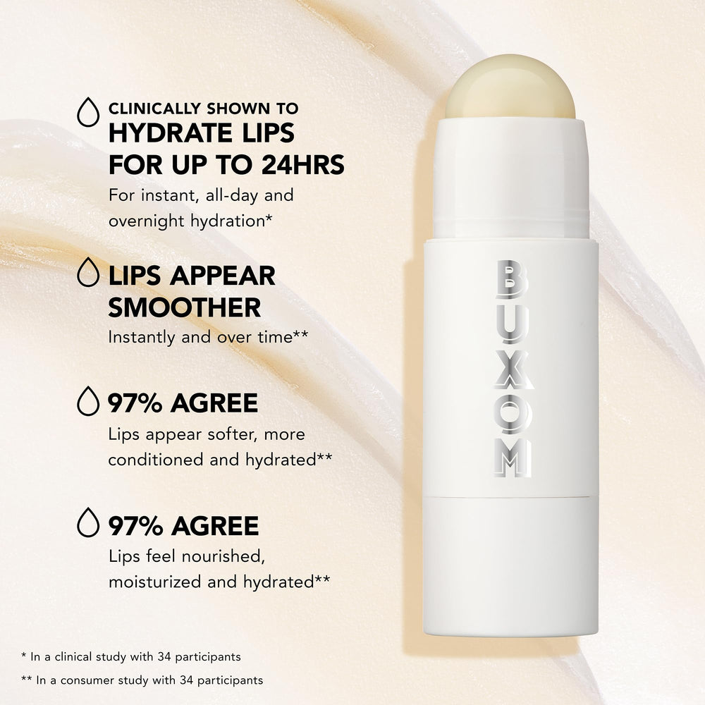 Buxom Power-Full Lip Balm, réapplication facile pour lèvres sèches et déshydratées.