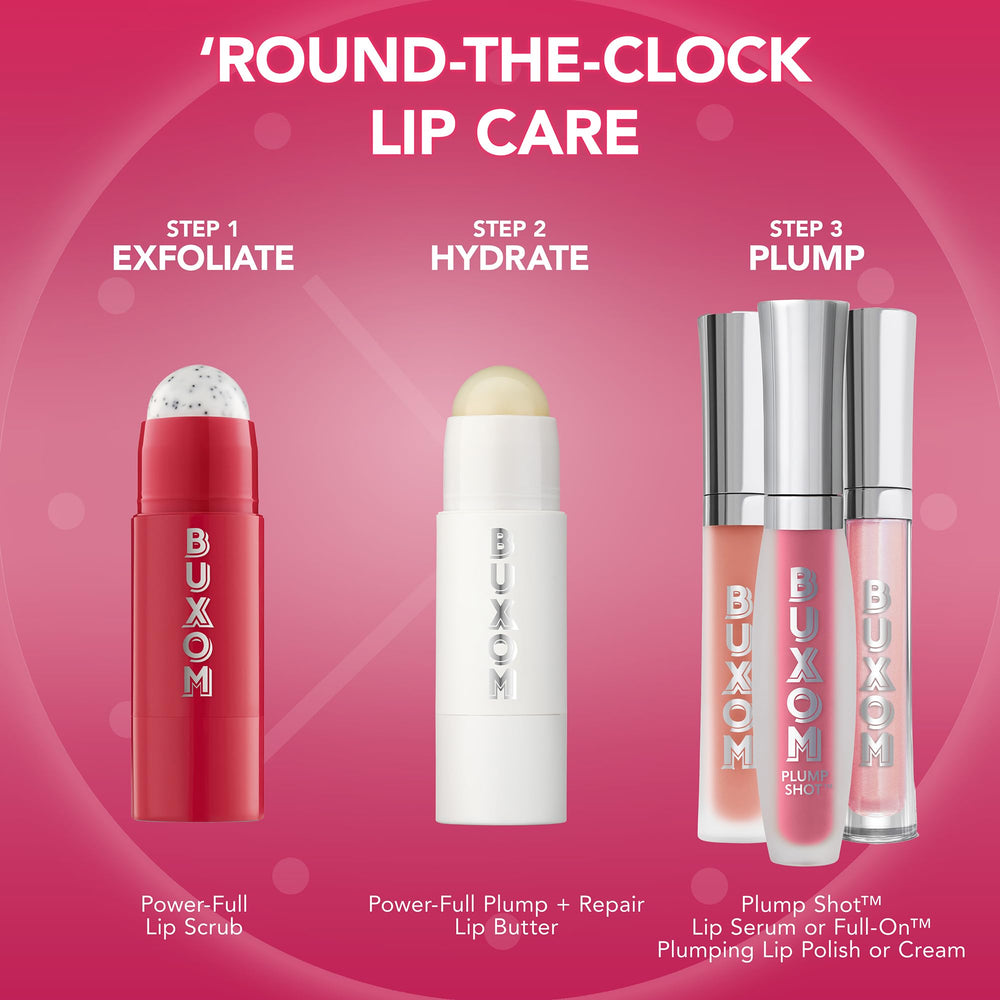 Buxom Power-Full Lip Balm, met en valeur le sourire avec brillance naturelle.