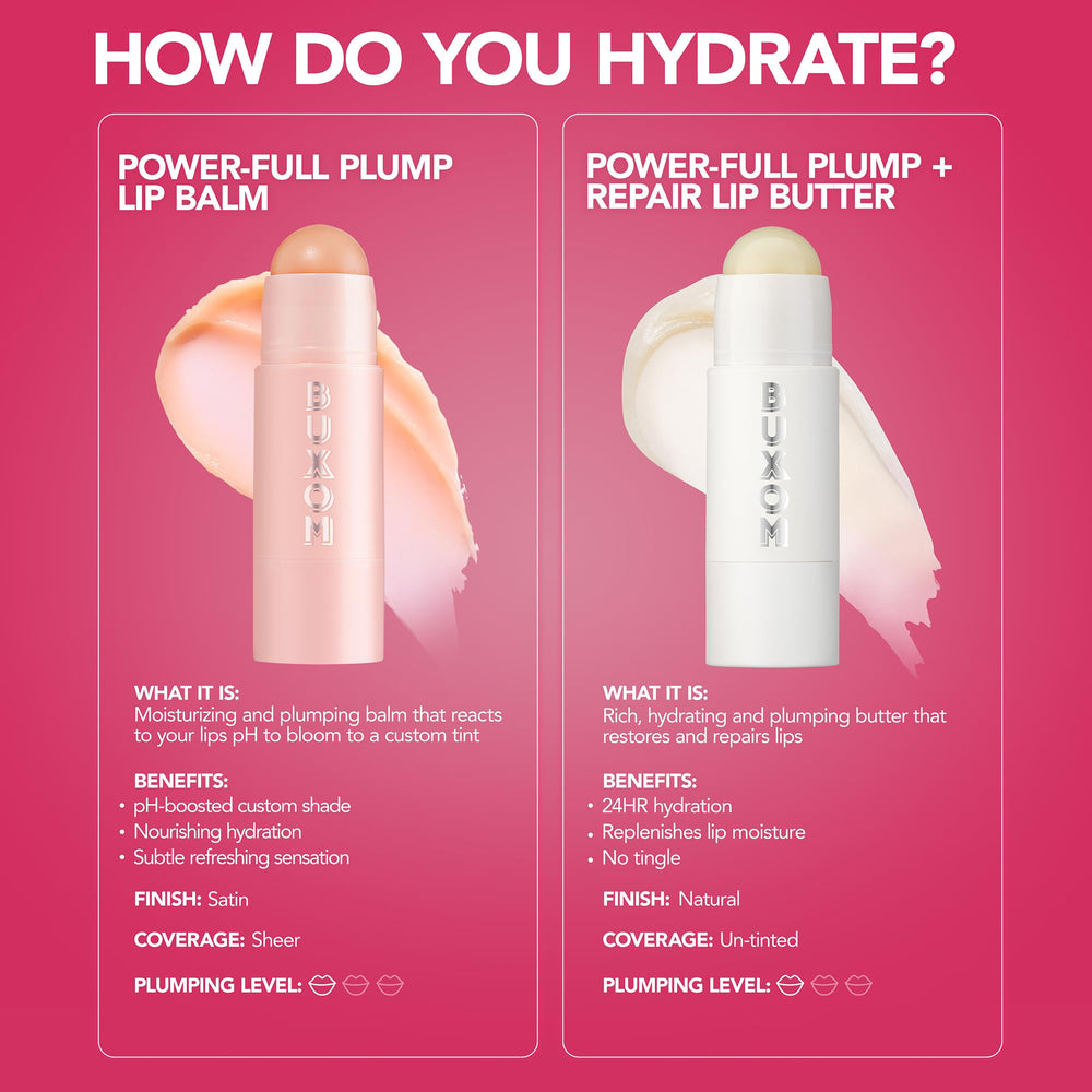 Buxom Power-Full Lip Balm, utilisation quotidienne pour lèvres hydratées et confortables.