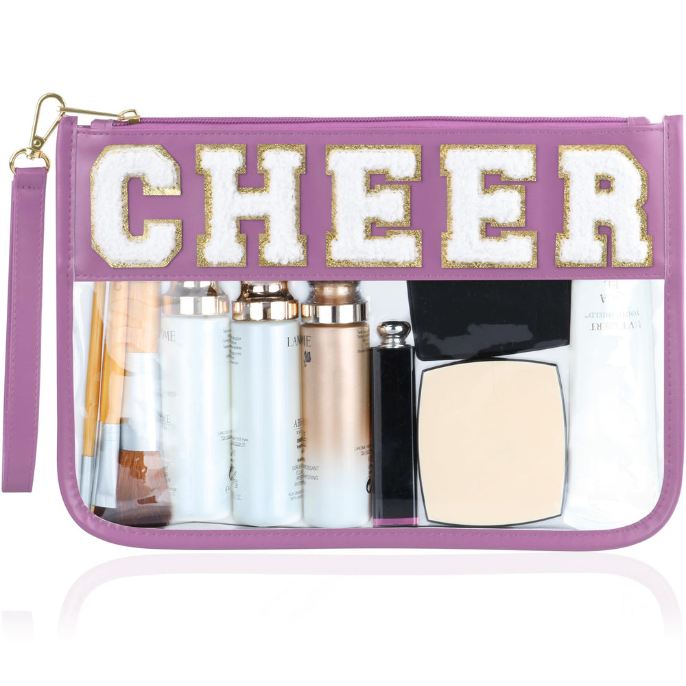 BuyCard Cheer: patch chenille CHEER sur fond violet, style varsity.