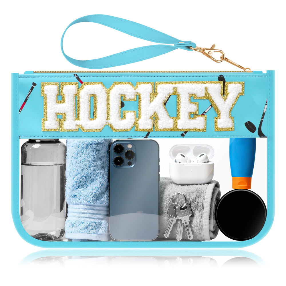 BuyCard trousse maquillage hockey avec patch chenille, design chic et pratique.