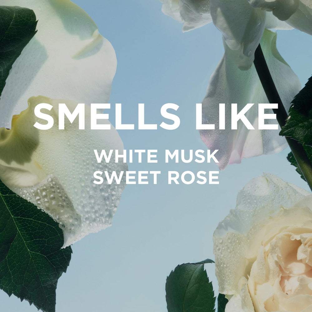 Parfum musc blanc et rose douce, expérience sensorielle agréable.