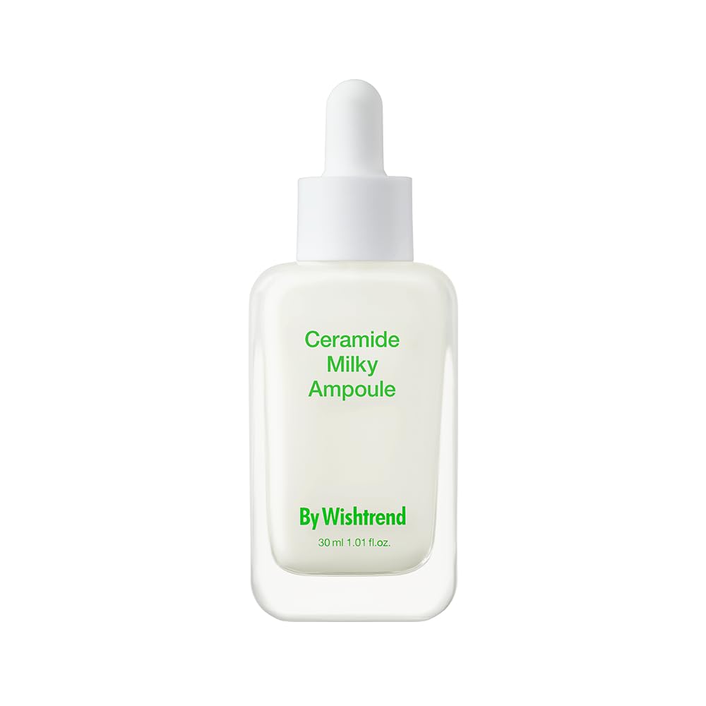 BY WISHTREND Ceramide Milky Ampoule, bouteille visible, soin doux pour peau sensible.