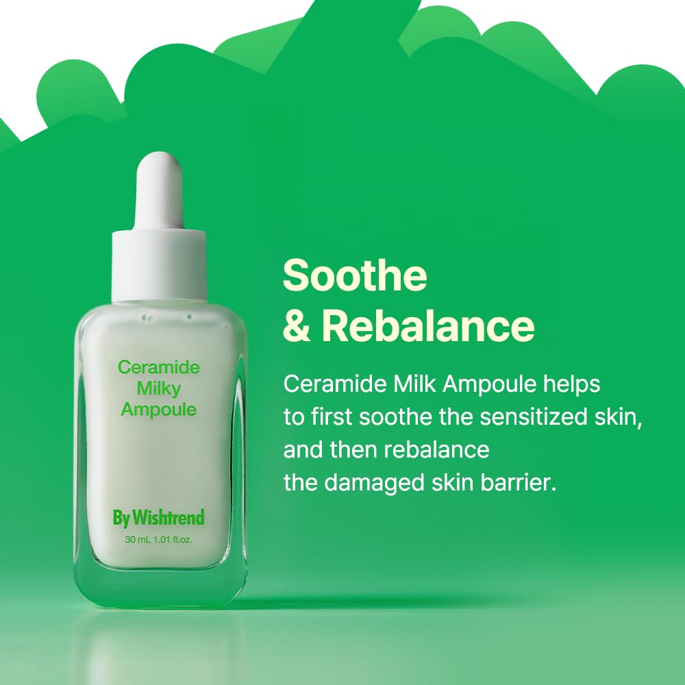 BY WISHTREND Ceramide Milky Ampoule – gouttes déposées sur paume pour hydratation.