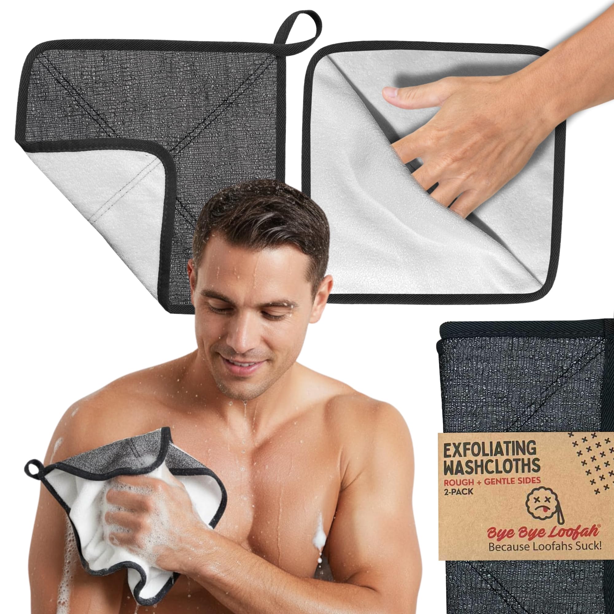 Bye Bye Loofah montre l’exfoliation deux faces pour une peau plus lisse après la douche.