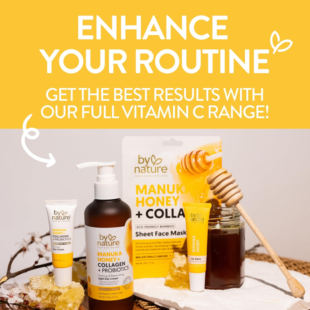 Ingrédients clés visibles: miel de Manuka et collagène.