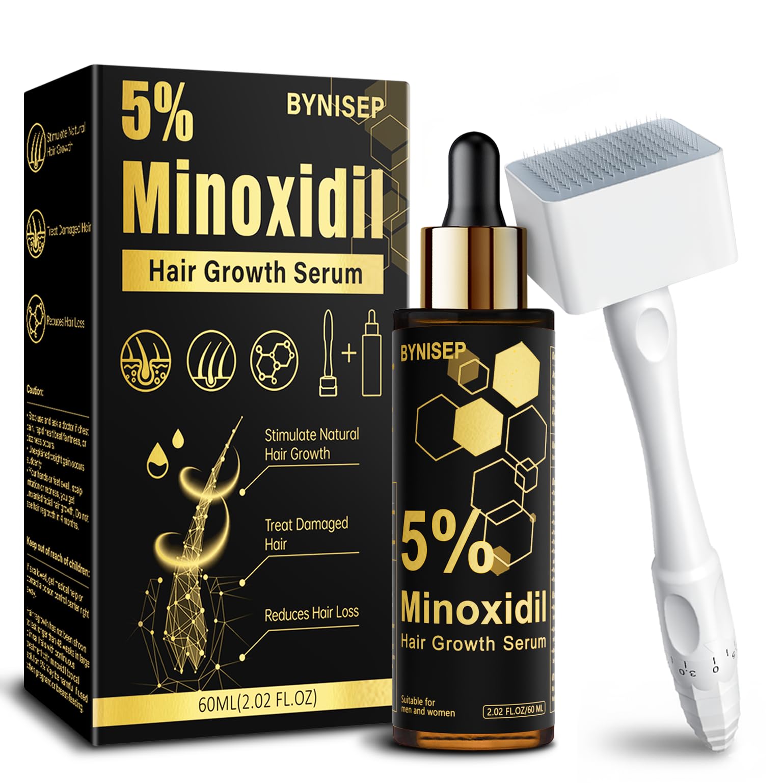 Sérum BYNISEP Minoxidil dans le flacon, cheveux et barbe plus fournis.