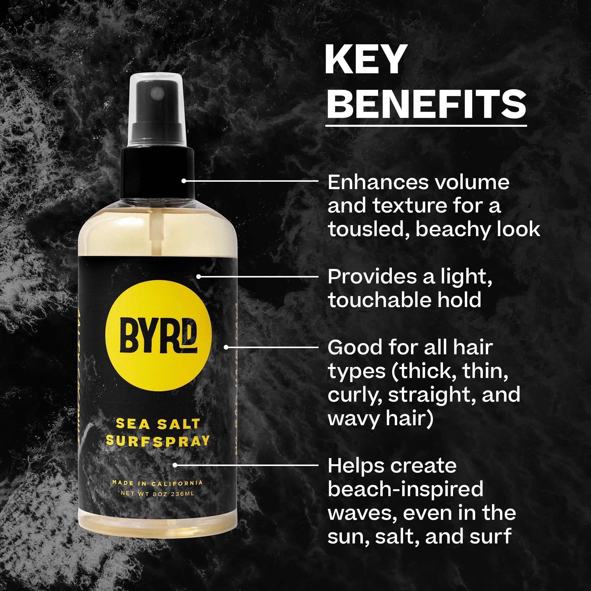 BYRD Hairdo brume texturisante appliquée sur cheveux humides, démonstration de volume.