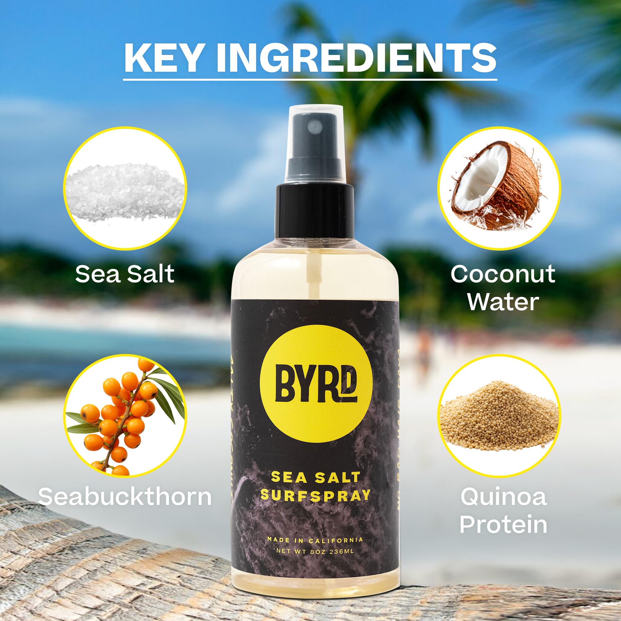 BYRD Hairdo parfum noix de coco-sel, photo de plage et style détendu.