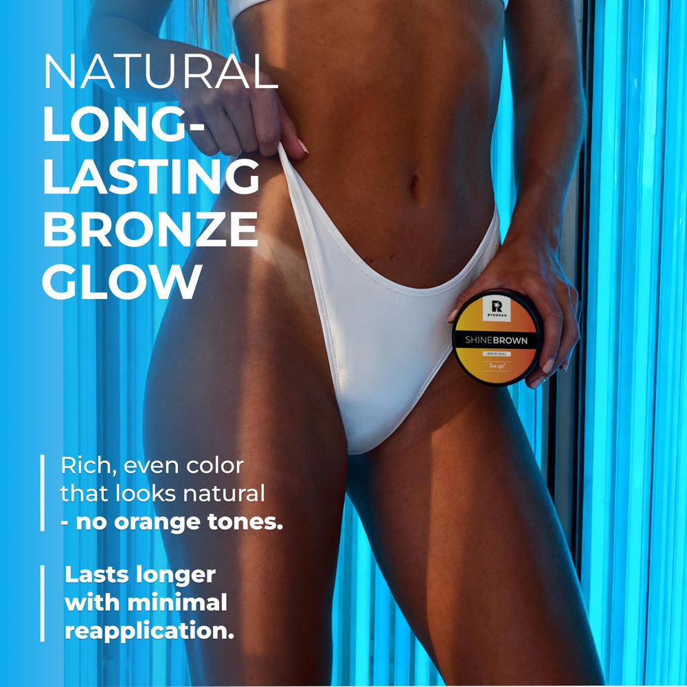 BYROKKO Shine Brown – Avant/après bronzage montrant une teinte naturelle.