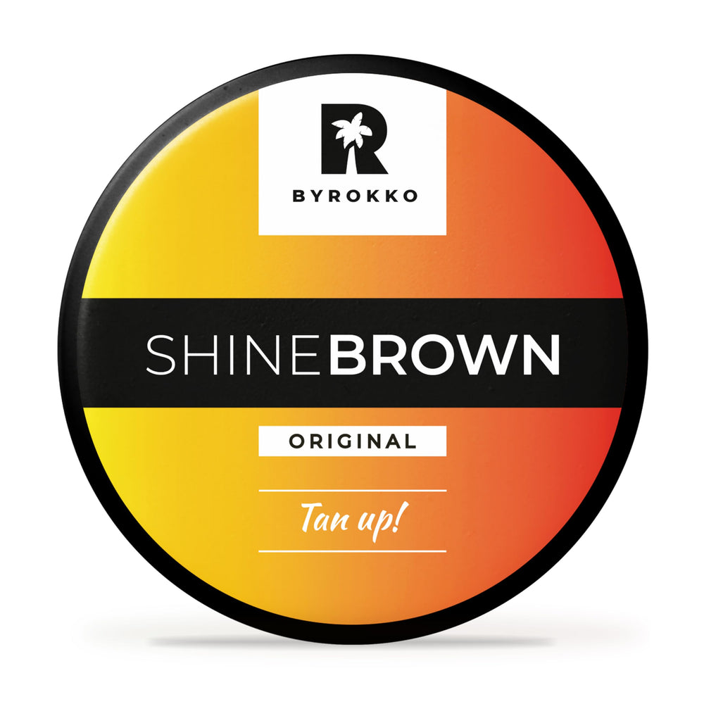 BYROKKO Shine Brown – Bouteille bronzage prête pour exposition solaire.