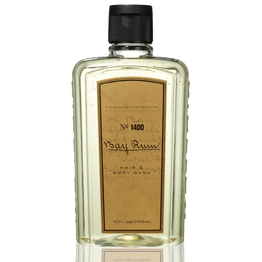 Gel douche Bay Rum de C.O. Bigelow en bouteille, nettoyage efficace des cheveux et de la peau.