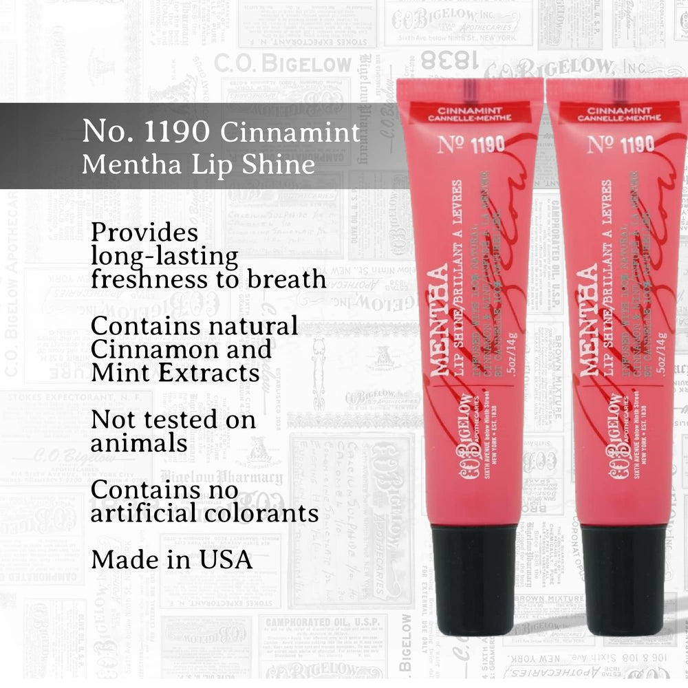 Application facile avec embout incliné, lip shine menthe cannelle de C.O. Bigelow.