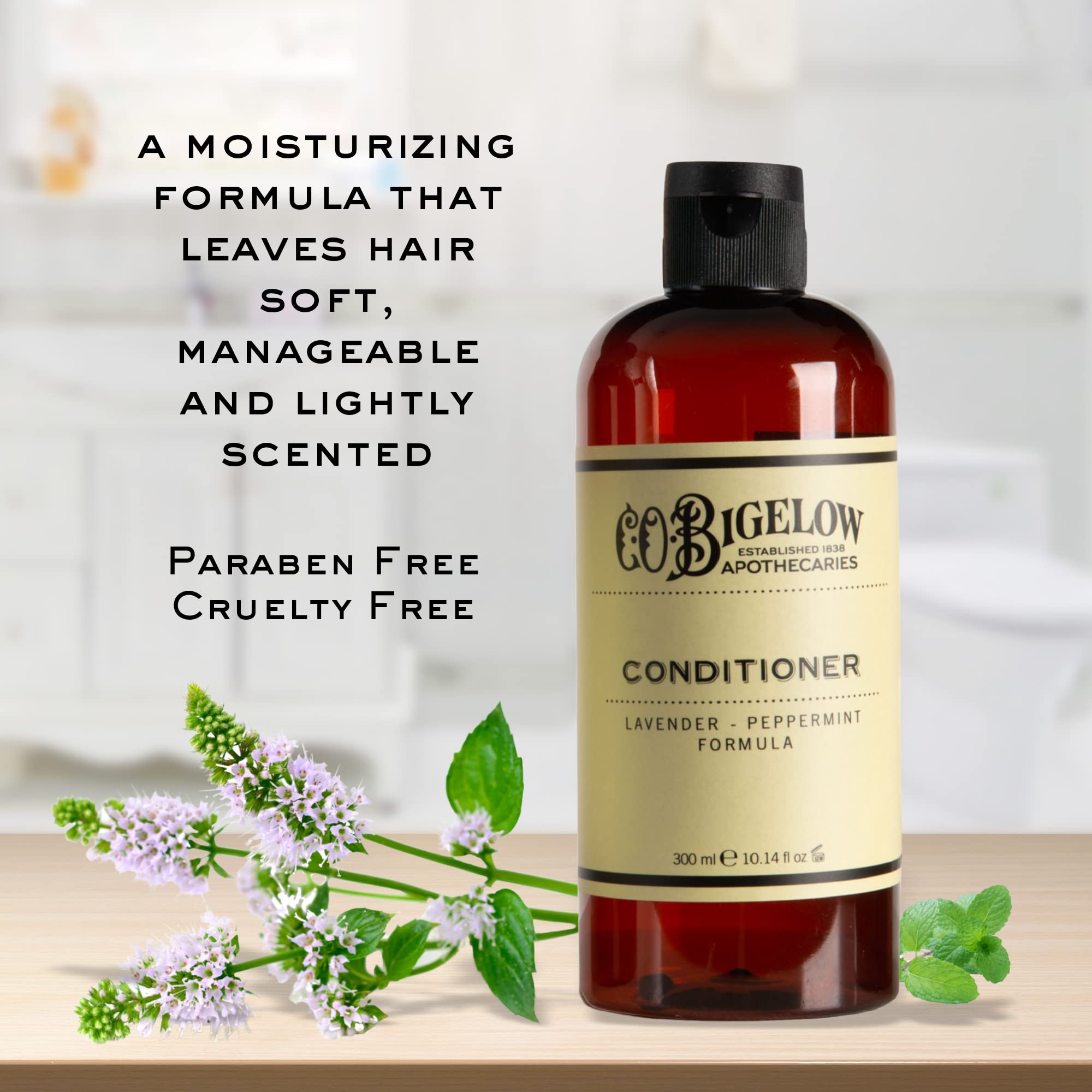 C.O. Bigelow Lavender Peppermint Conditioner label highlights cruelty-free, paraben-free care