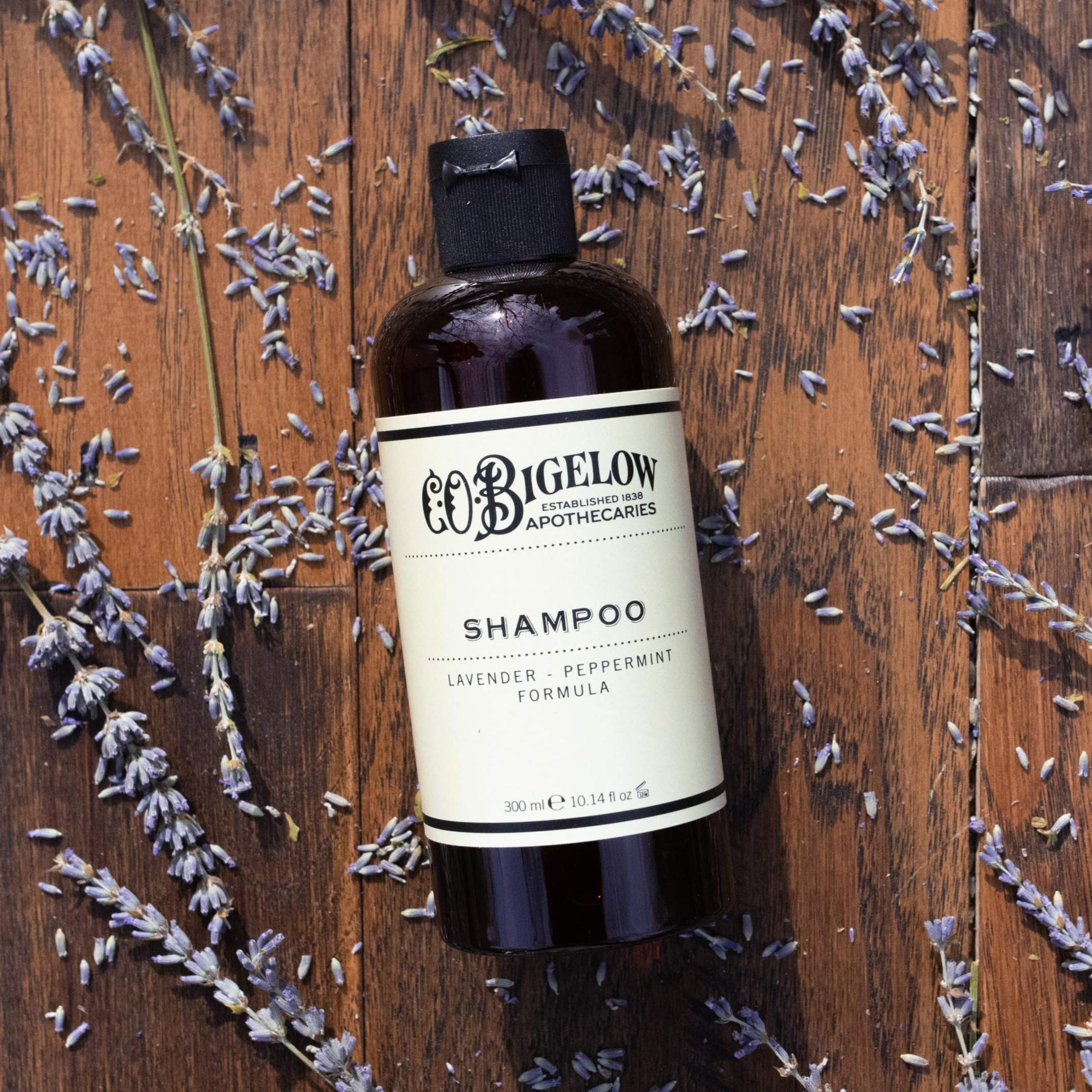 C.O. Bigelow Lavender Peppermint Shampoo label close-up highlights sulfate-free formula.