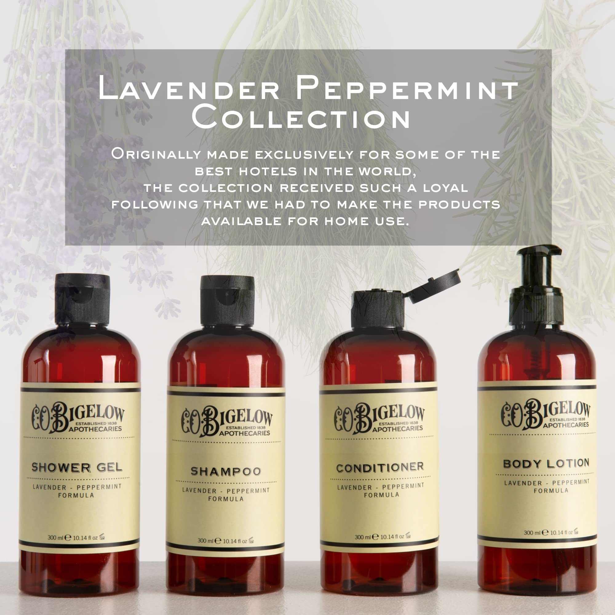C.O. Bigelow Lavender Peppermint Shampoo packaging showcases USA-made quality.