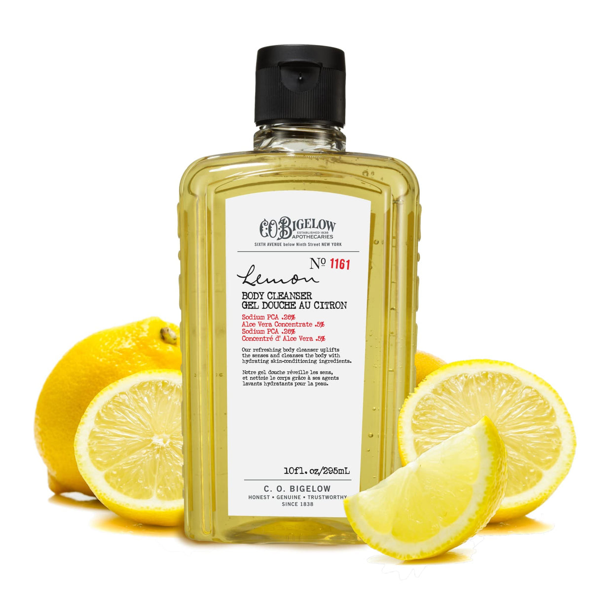 Gel douche C.O. Bigelow citron — bouteille jaune prête à l’utilisation.
