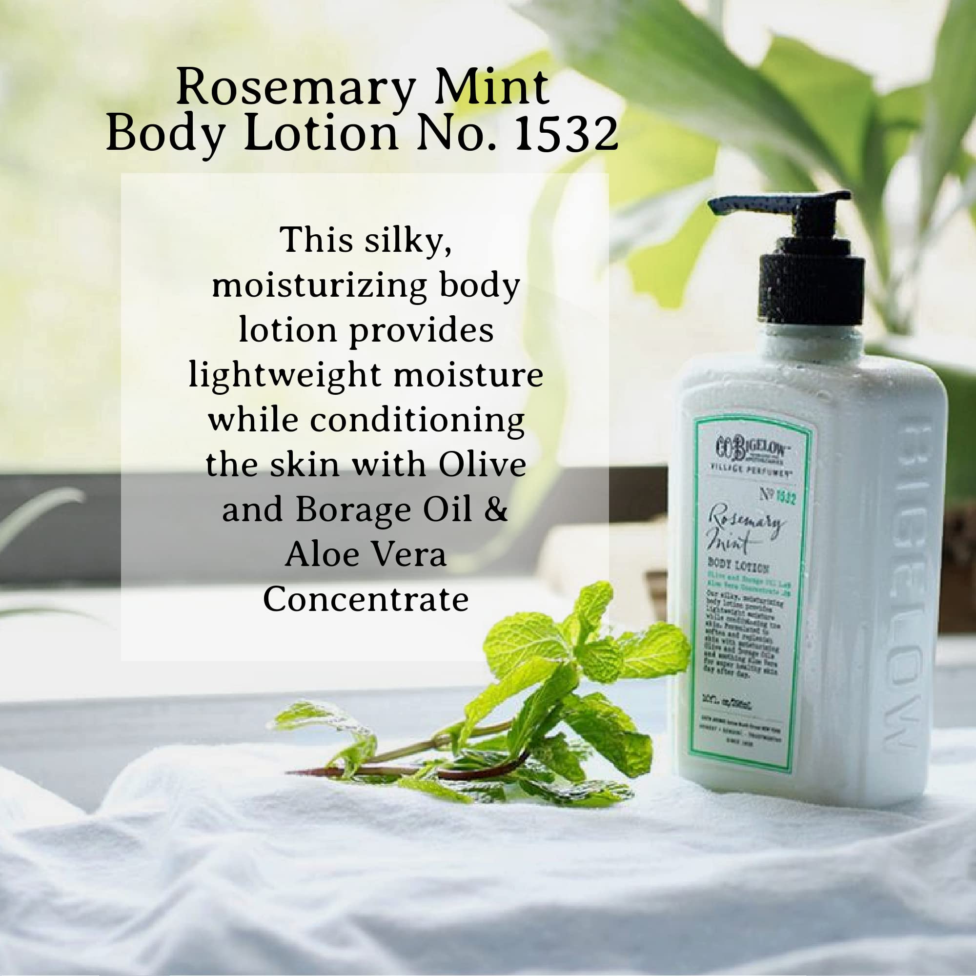 C.O. Bigelow Lotion romarin-menthe, texture legere: absorption rapide sans fini gras.