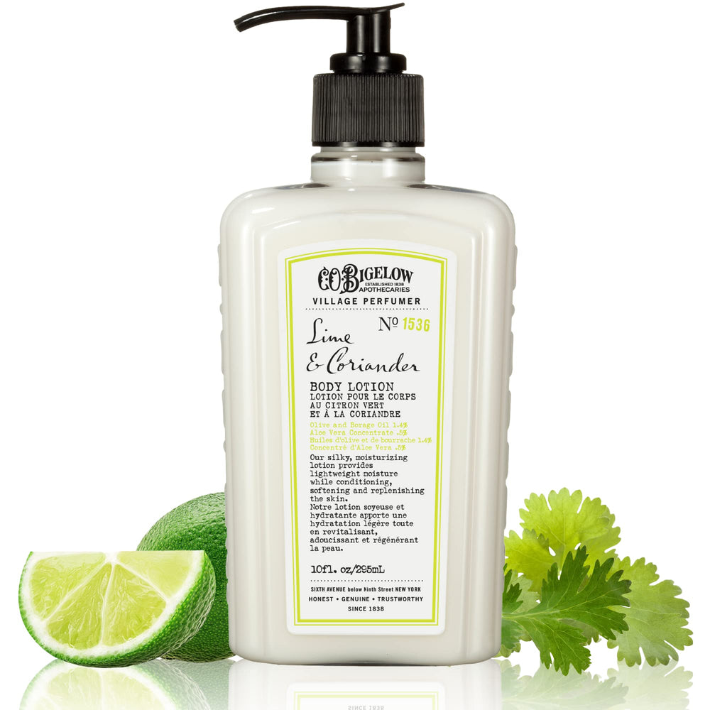 Lotion pour le corps C.O. Bigelow Lime Coriandre dans son flacon, hydratation légère.