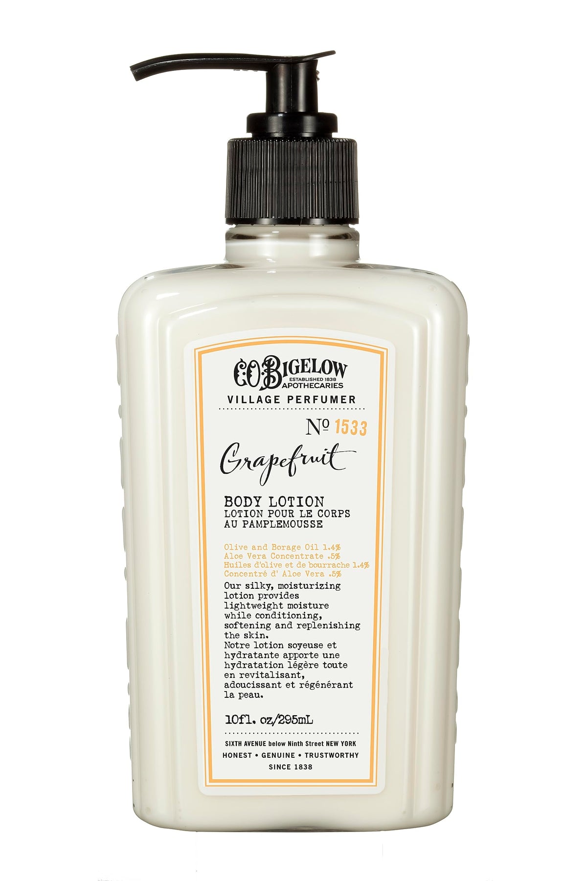 Lotion C. O. Bigelow Grapefruit, bouteille-pompe, hydratation rapide du corps.
