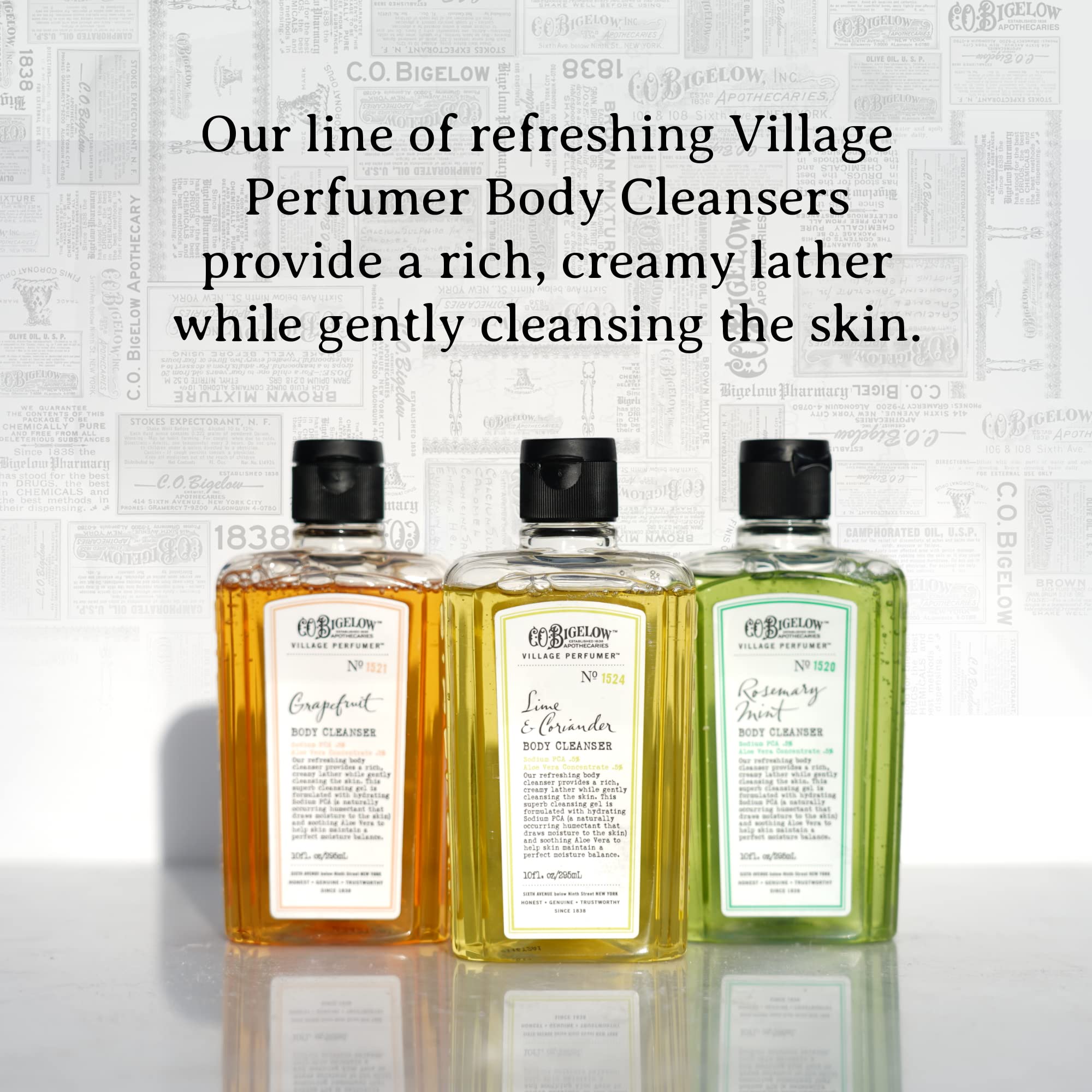 Rituel de douche quotidien avec le gel douche C.O. Bigelow pour peau hydratée.