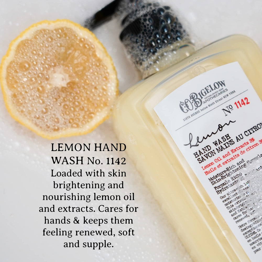 Savon mains citron, pompe visible, mousse dense et efficace.