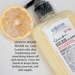 Savon mains citron, pompe visible, mousse dense et efficace.