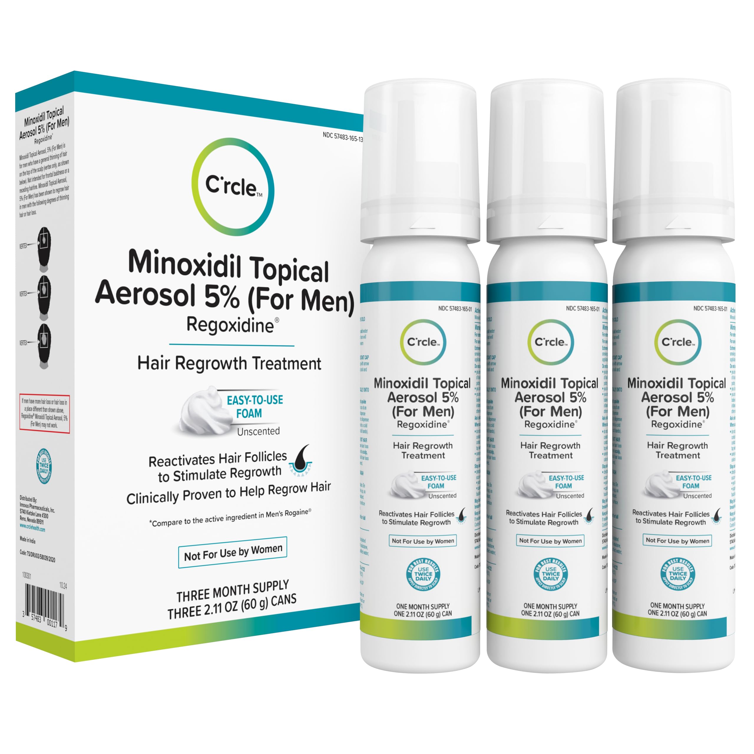 C’rcle Minoxidil Foam 5% – bouteille sans parfum, application nette et précise.